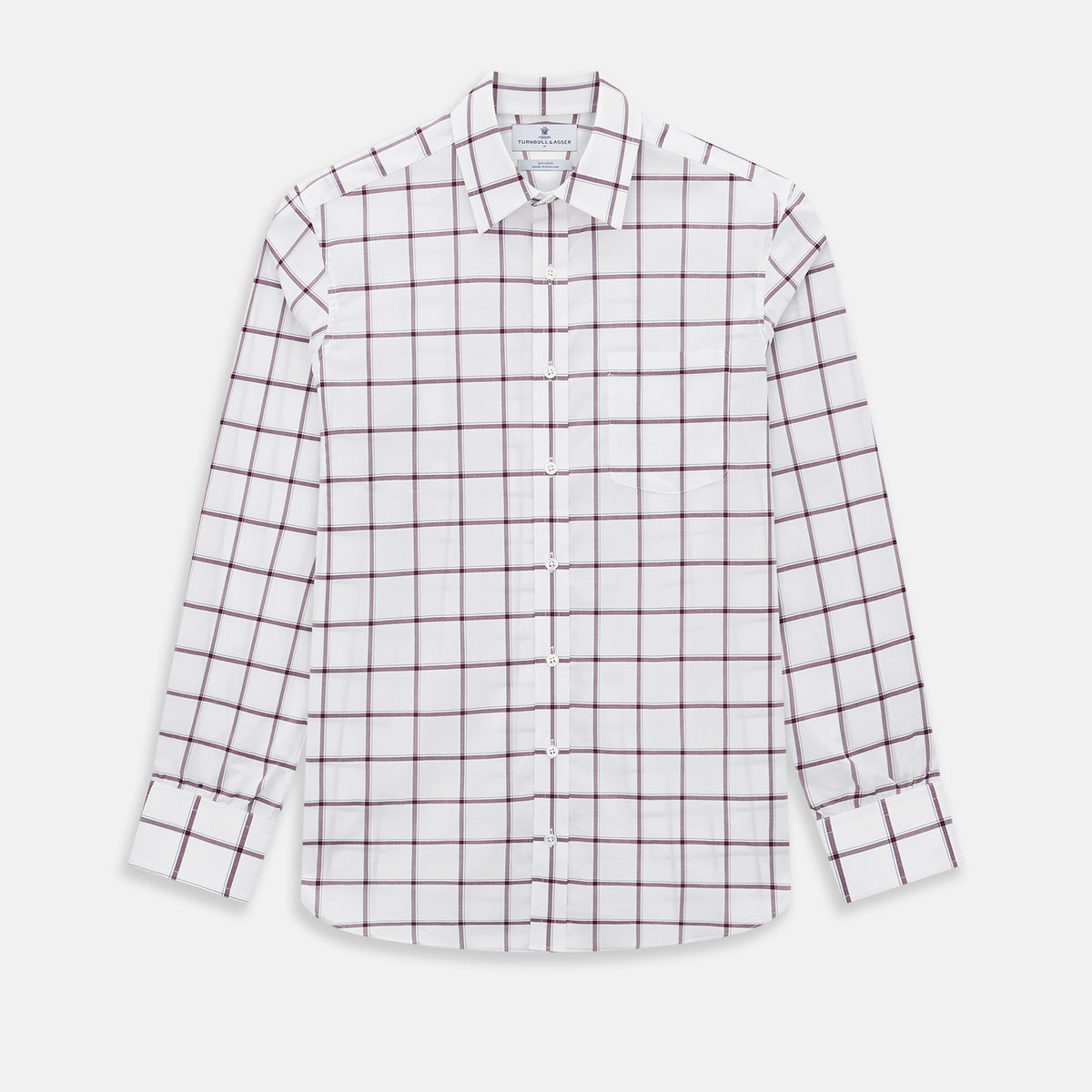 View 1 of product A Turnbull & Asser UK SHIRTS WF DERBY COLLAR 1BC 1PKT WHT/BURG MULTI CHK—a long-sleeve, button-up shirt in white with a burgundy multi-check pattern, featuring a classic derby collar and a single front pocket on the left side.