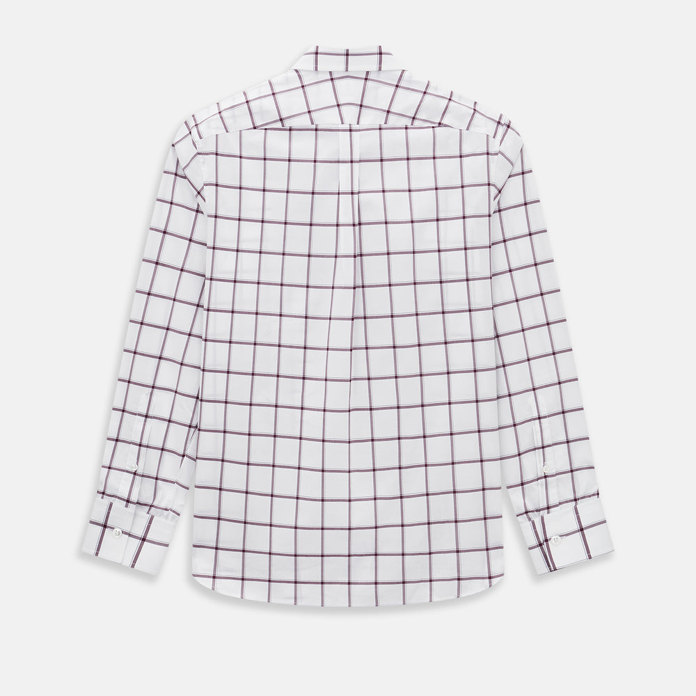 A Turnbull & Asser UK SHIRTS WF DERBY COLLAR 1BC 1PKT WHT/BURG MULTI CHK—a long-sleeve, button-up shirt in white with a burgundy multi-check pattern, featuring a classic derby collar and a single front pocket on the left side.