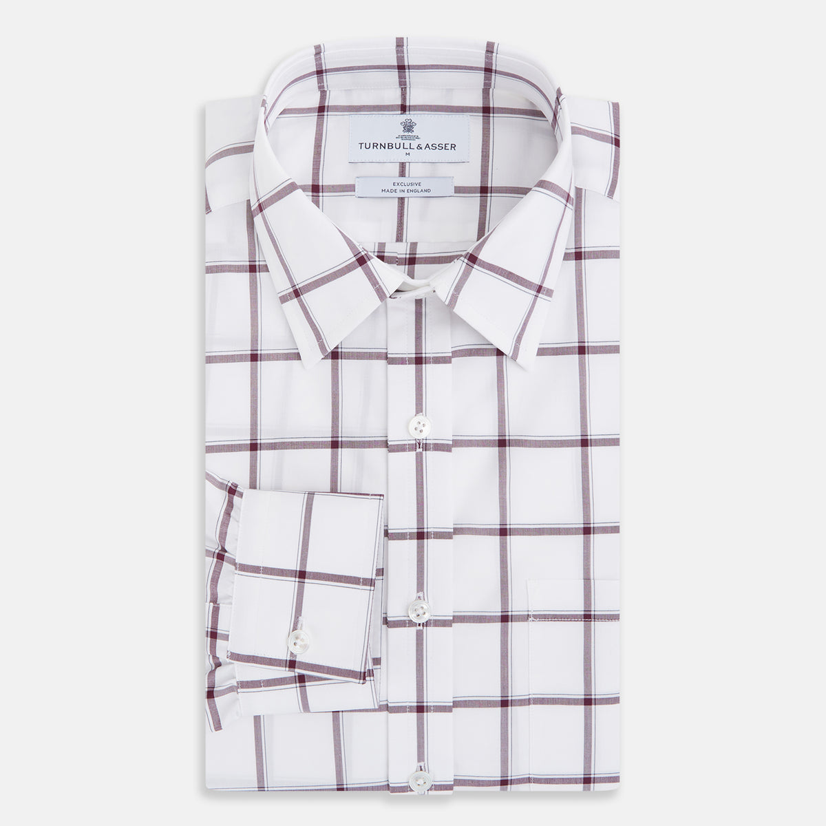 View 5 of product A Turnbull & Asser UK SHIRTS WF DERBY COLLAR 1BC 1PKT WHT/BURG MULTI CHK—a long-sleeve, button-up shirt in white with a burgundy multi-check pattern, featuring a classic derby collar and a single front pocket on the left side.