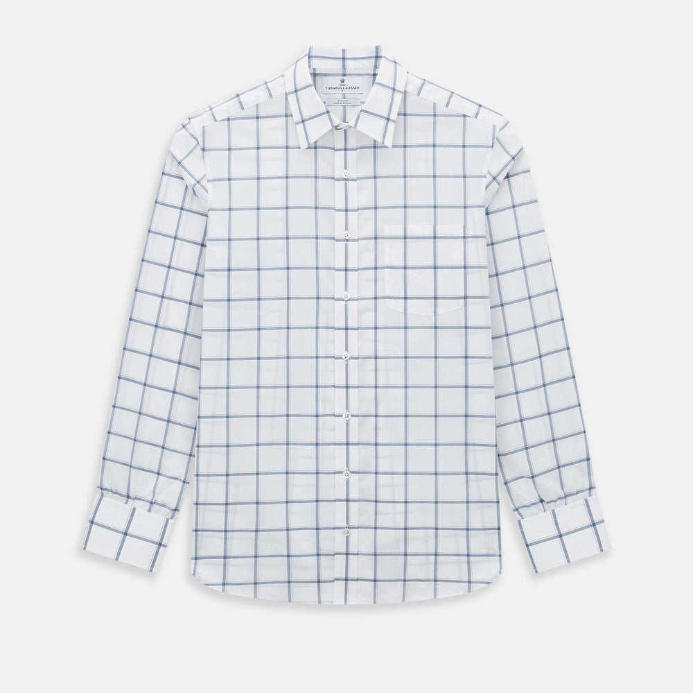 Large Checked Grey on White Weekend Fit Shirt in Cotton by Turnbull & Asser UK, featuring a white long-sleeve button-up design with a grey windowpane check pattern, front chest pocket, pointed derby collar, and buttoned cuffs, displayed flat on a plain white background.