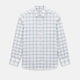 Large Checked Grey on White Weekend Fit Shirt in Cotton by Turnbull & Asser UK, featuring a white long-sleeve button-up design with a grey windowpane check pattern, front chest pocket, pointed derby collar, and buttoned cuffs, displayed flat on a plain white background.