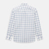 View 3 of product Large Checked Grey on White Weekend Fit Shirt in Cotton by Turnbull & Asser UK, featuring a white long-sleeve button-up design with a grey windowpane check pattern, front chest pocket, pointed derby collar, and buttoned cuffs, displayed flat on a plain white background.