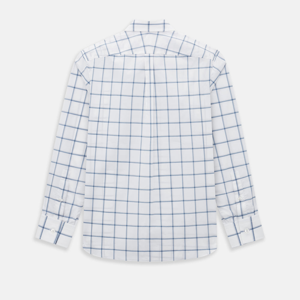 Large Checked Grey on White Weekend Fit Shirt in Cotton by Turnbull & Asser UK, featuring a white long-sleeve button-up design with a grey windowpane check pattern, front chest pocket, pointed derby collar, and buttoned cuffs, displayed flat on a plain white background.