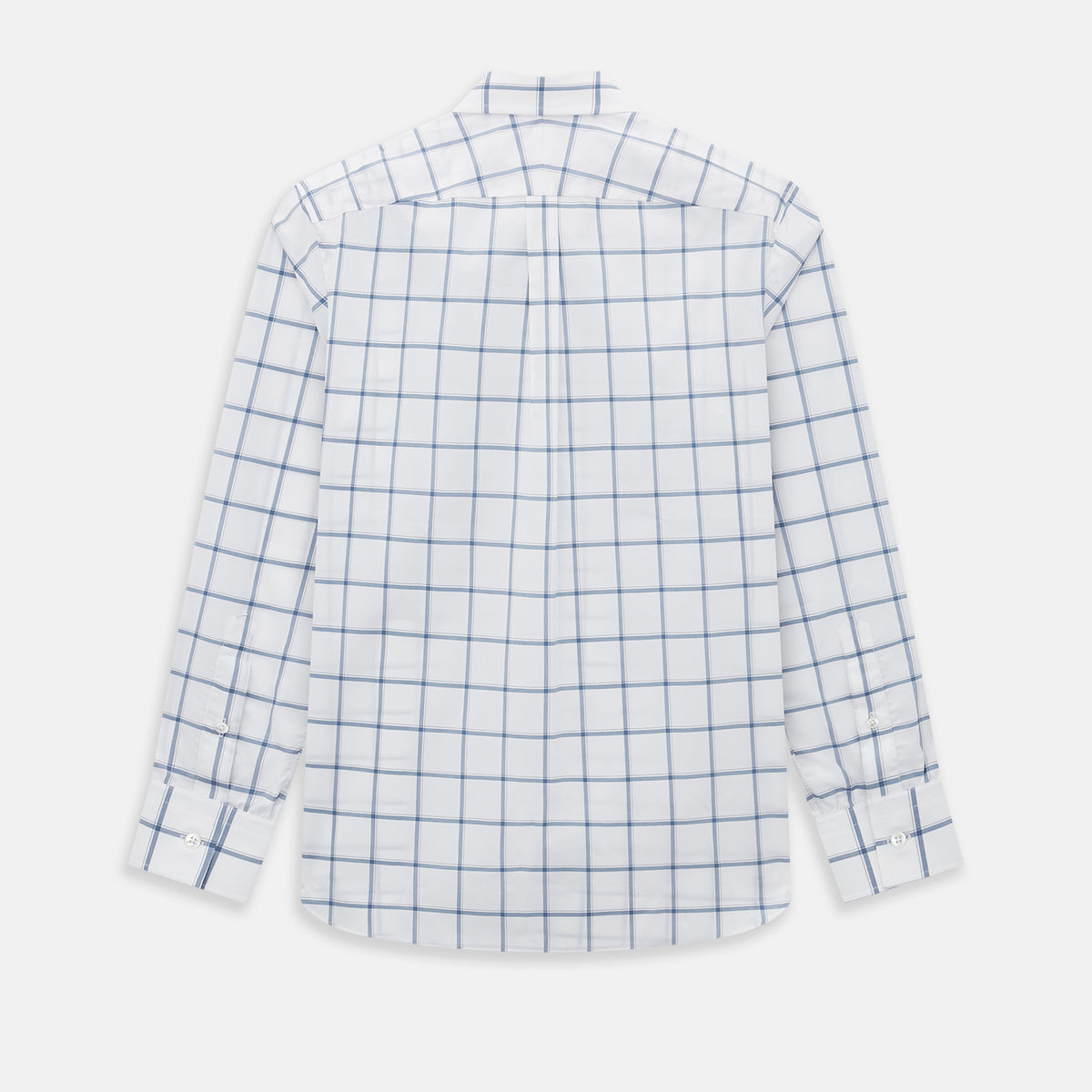 View 3 of product Large Checked Grey on White Weekend Fit Shirt in Cotton by Turnbull & Asser UK, featuring a white long-sleeve button-up design with a grey windowpane check pattern, front chest pocket, pointed derby collar, and buttoned cuffs, displayed flat on a plain white background.