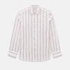 View 1 of product The Turnbull & Asser UK Track Striped Red on White Weekend Fit Shirt in Cotton features bold dark red stripes on a crisp white base, with long sleeves, a derby collar, front chest pocket, and buttoned cuffs, laid flat on a white background for a timeless men’s dress shirt aesthetic.