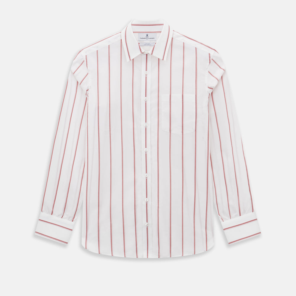 The Turnbull & Asser UK Track Striped Red on White Weekend Fit Shirt in Cotton features bold dark red stripes on a crisp white base, with long sleeves, a derby collar, front chest pocket, and buttoned cuffs, laid flat on a white background for a timeless men’s dress shirt aesthetic.