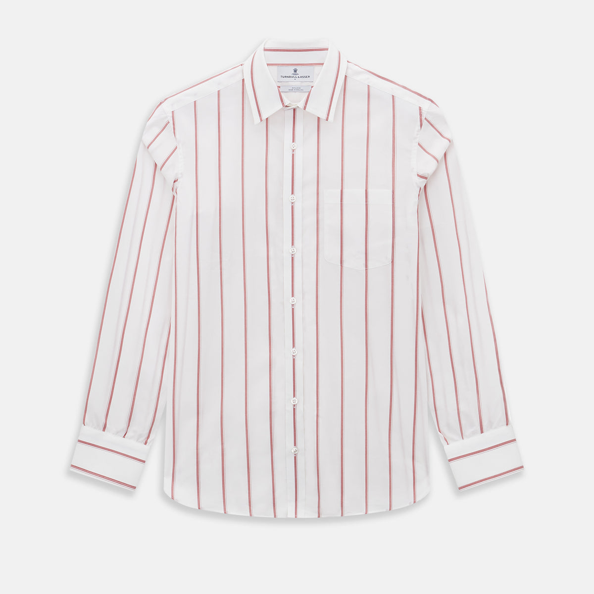 View 1 of product The Turnbull & Asser UK Track Striped Red on White Weekend Fit Shirt in Cotton features bold dark red stripes on a crisp white base, with long sleeves, a derby collar, front chest pocket, and buttoned cuffs, laid flat on a white background for a timeless men’s dress shirt aesthetic.