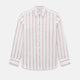 The Turnbull & Asser UK Track Striped Red on White Weekend Fit Shirt in Cotton features bold dark red stripes on a crisp white base, with long sleeves, a derby collar, front chest pocket, and buttoned cuffs, laid flat on a white background for a timeless men’s dress shirt aesthetic.