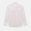 View 3 of product The Turnbull & Asser UK Track Striped Red on White Weekend Fit Shirt in Cotton features bold dark red stripes on a crisp white base, with long sleeves, a derby collar, front chest pocket, and buttoned cuffs, laid flat on a white background for a timeless men’s dress shirt aesthetic.