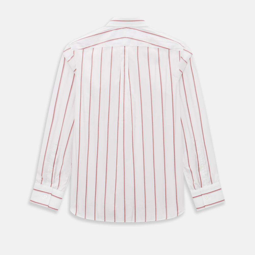 The Turnbull & Asser UK Track Striped Red on White Weekend Fit Shirt in Cotton features bold dark red stripes on a crisp white base, with long sleeves, a derby collar, front chest pocket, and buttoned cuffs, laid flat on a white background for a timeless men’s dress shirt aesthetic.