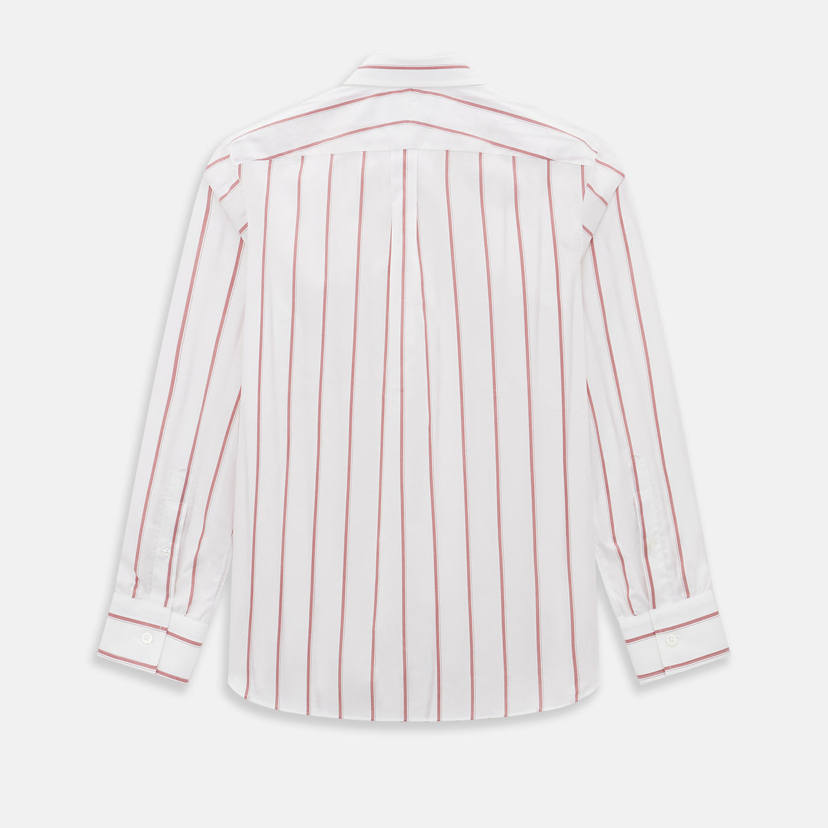 View 3 of product The Turnbull & Asser UK Track Striped Red on White Weekend Fit Shirt in Cotton features bold dark red stripes on a crisp white base, with long sleeves, a derby collar, front chest pocket, and buttoned cuffs, laid flat on a white background for a timeless men’s dress shirt aesthetic.