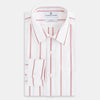View 5 of product The Turnbull & Asser UK Track Striped Red on White Weekend Fit Shirt in Cotton features bold dark red stripes on a crisp white base, with long sleeves, a derby collar, front chest pocket, and buttoned cuffs, laid flat on a white background for a timeless men’s dress shirt aesthetic.