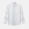 View 1 of product The Turnbull & Asser UK Track Striped Blue on White Weekend Fit Shirt in Cotton is a long-sleeve, button-up shirt featuring blue stripes on premium white Italian cotton, a Derby collar, and a chest pocket, elegantly laid flat against a white background.