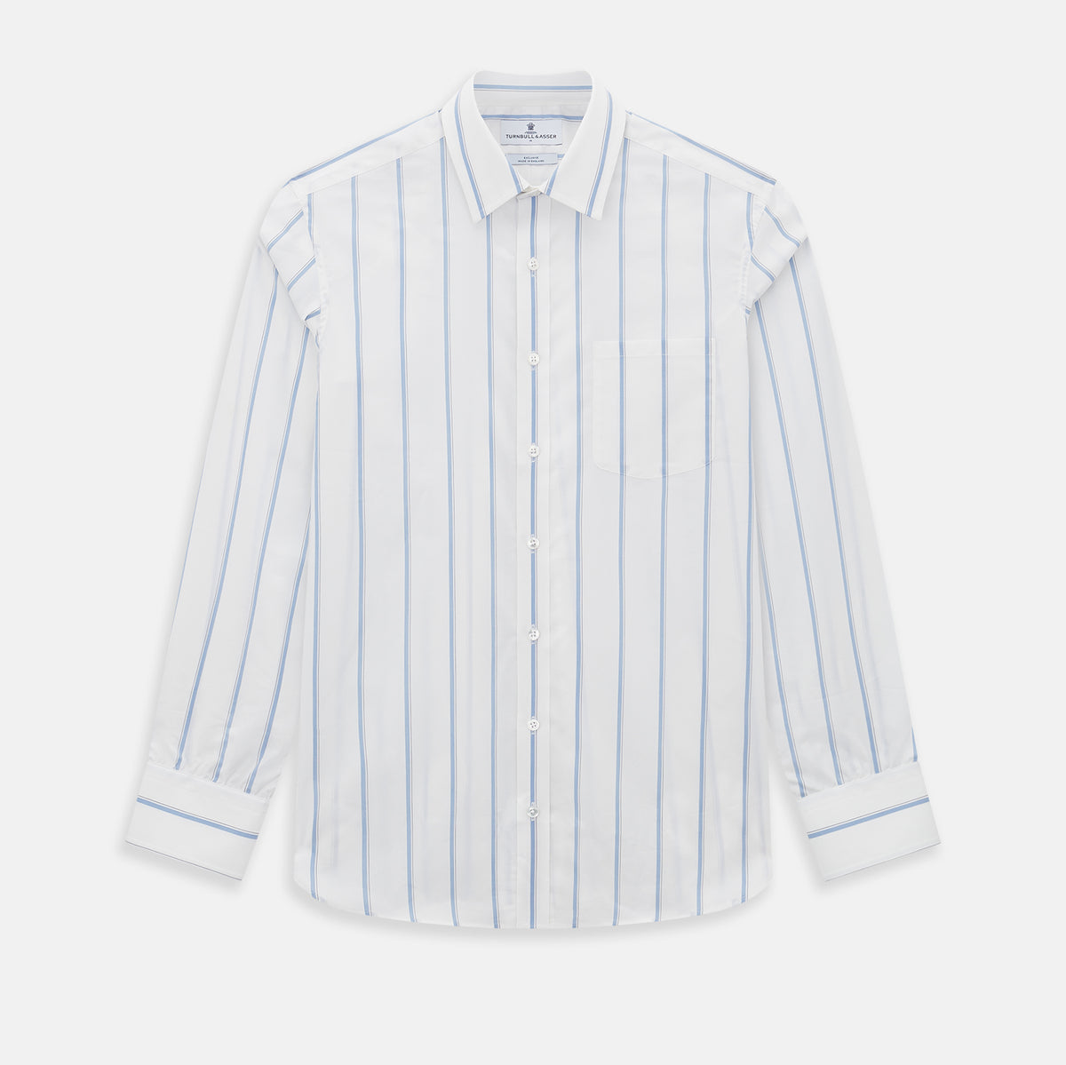 View 1 of product The Turnbull & Asser UK Track Striped Blue on White Weekend Fit Shirt in Cotton is a long-sleeve, button-up shirt featuring blue stripes on premium white Italian cotton, a Derby collar, and a chest pocket, elegantly laid flat against a white background.