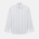 The Turnbull & Asser UK Track Striped Blue on White Weekend Fit Shirt in Cotton is a long-sleeve, button-up shirt featuring blue stripes on premium white Italian cotton, a Derby collar, and a chest pocket, elegantly laid flat against a white background.