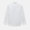View 3 of product The Turnbull & Asser UK Track Striped Blue on White Weekend Fit Shirt in Cotton is a long-sleeve, button-up shirt featuring blue stripes on premium white Italian cotton, a Derby collar, and a chest pocket, elegantly laid flat against a white background.
