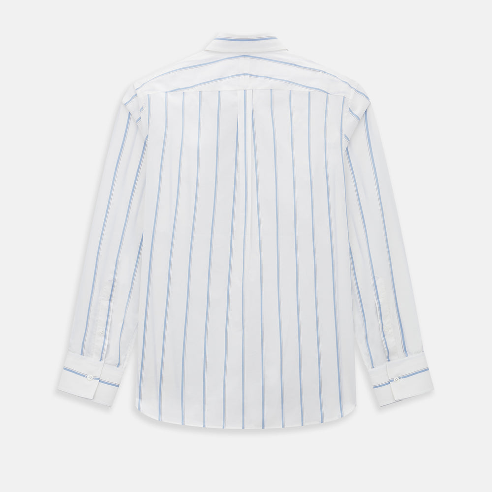 The Turnbull & Asser UK Track Striped Blue on White Weekend Fit Shirt in Cotton is a long-sleeve, button-up shirt featuring blue stripes on premium white Italian cotton, a Derby collar, and a chest pocket, elegantly laid flat against a white background.