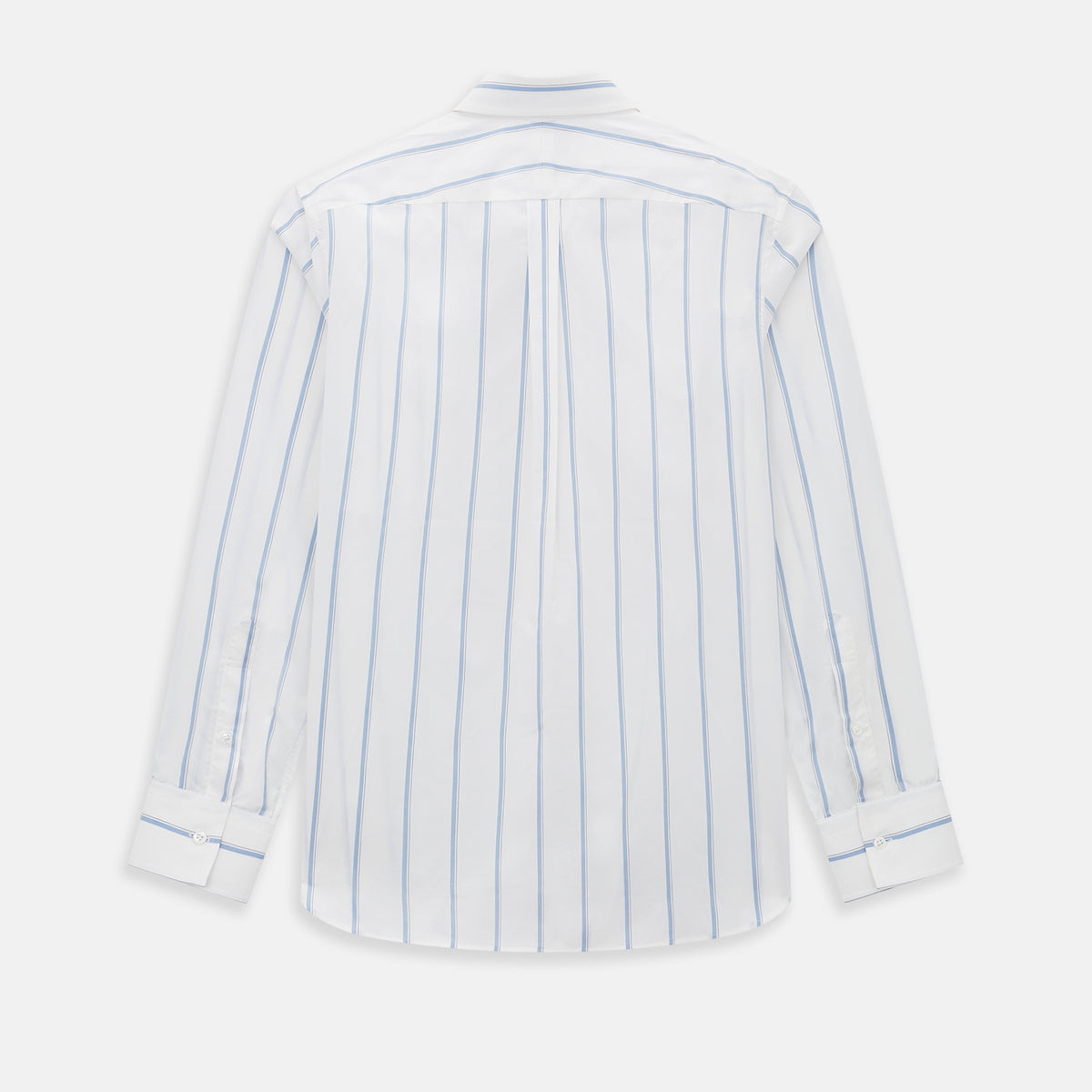 View 3 of product The Turnbull & Asser UK Track Striped Blue on White Weekend Fit Shirt in Cotton is a long-sleeve, button-up shirt featuring blue stripes on premium white Italian cotton, a Derby collar, and a chest pocket, elegantly laid flat against a white background.