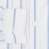 View 4 of product The Turnbull & Asser UK Track Striped Blue on White Weekend Fit Shirt in Cotton is a long-sleeve, button-up shirt featuring blue stripes on premium white Italian cotton, a Derby collar, and a chest pocket, elegantly laid flat against a white background.