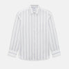View 1 of product Introducing the Track Striped Grey on White Weekend Fit Shirt in Cotton by Turnbull & Asser UK—a men’s long-sleeve dress shirt crafted from crisp white cotton, featuring vertical grey stripes, a button-down front, derby collar, cuffs, and a chest pocket. The shirt is displayed laid flat on a white surface.