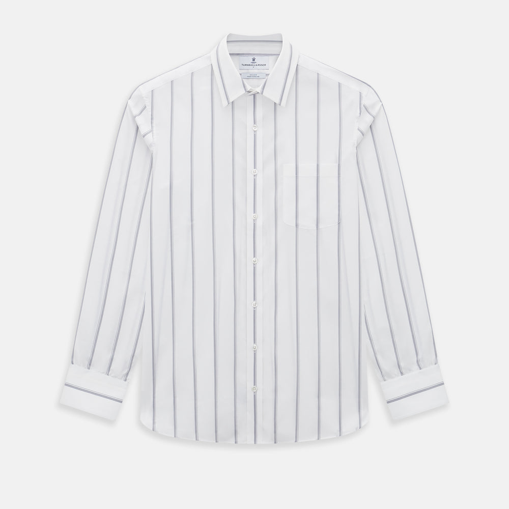 Introducing the Track Striped Grey on White Weekend Fit Shirt in Cotton by Turnbull & Asser UK—a men’s long-sleeve dress shirt crafted from crisp white cotton, featuring vertical grey stripes, a button-down front, derby collar, cuffs, and a chest pocket. The shirt is displayed laid flat on a white surface.