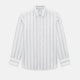 Introducing the Track Striped Grey on White Weekend Fit Shirt in Cotton by Turnbull & Asser UK—a men’s long-sleeve dress shirt crafted from crisp white cotton, featuring vertical grey stripes, a button-down front, derby collar, cuffs, and a chest pocket. The shirt is displayed laid flat on a white surface.