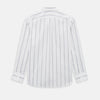 View 3 of product Introducing the Track Striped Grey on White Weekend Fit Shirt in Cotton by Turnbull & Asser UK—a men’s long-sleeve dress shirt crafted from crisp white cotton, featuring vertical grey stripes, a button-down front, derby collar, cuffs, and a chest pocket. The shirt is displayed laid flat on a white surface.