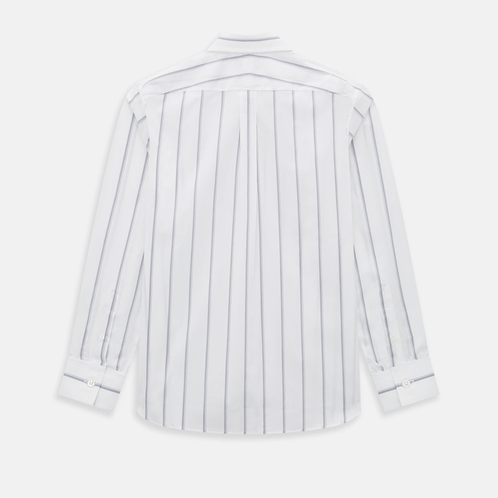 Introducing the Track Striped Grey on White Weekend Fit Shirt in Cotton by Turnbull & Asser UK—a men’s long-sleeve dress shirt crafted from crisp white cotton, featuring vertical grey stripes, a button-down front, derby collar, cuffs, and a chest pocket. The shirt is displayed laid flat on a white surface.