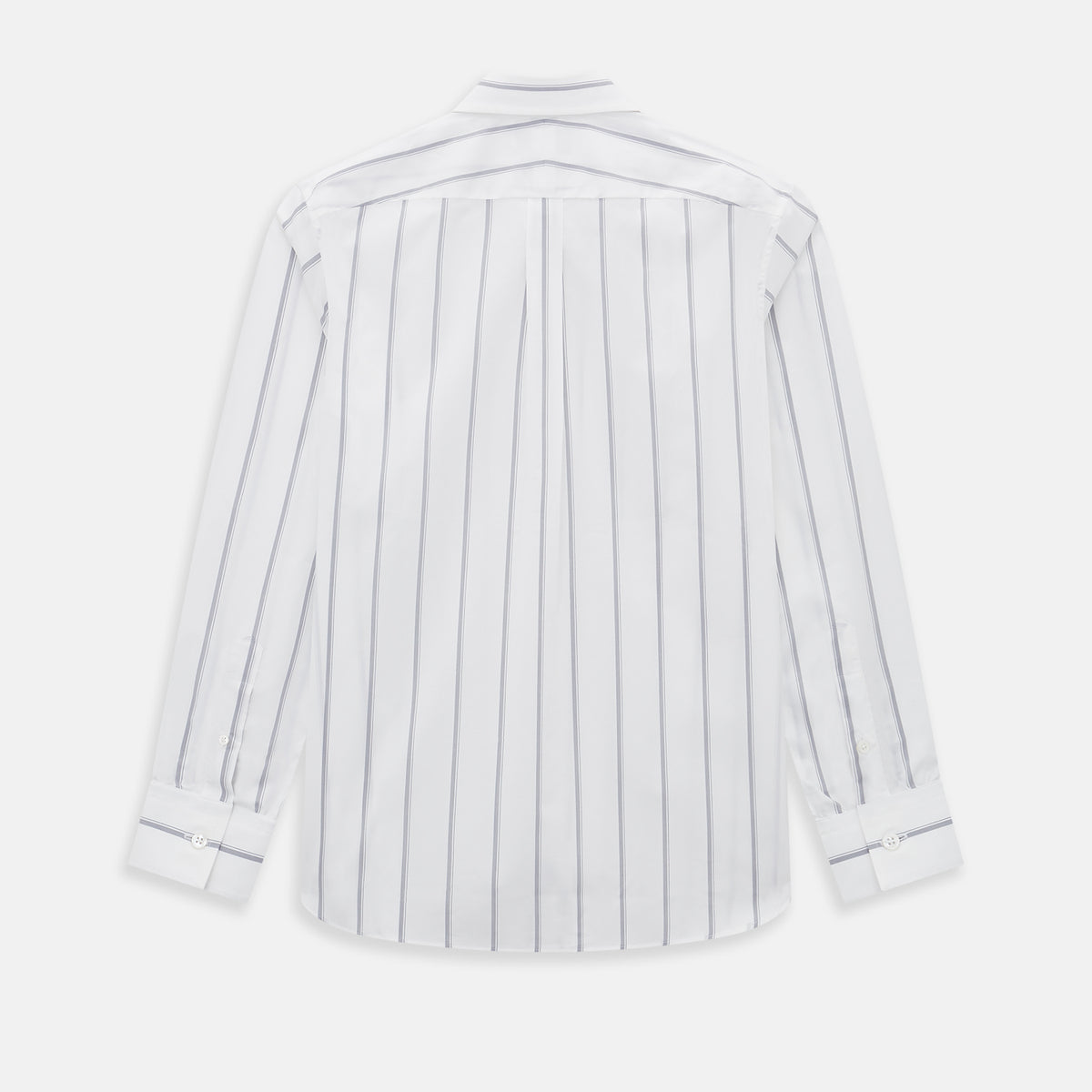 View 3 of product Introducing the Track Striped Grey on White Weekend Fit Shirt in Cotton by Turnbull & Asser UK—a men’s long-sleeve dress shirt crafted from crisp white cotton, featuring vertical grey stripes, a button-down front, derby collar, cuffs, and a chest pocket. The shirt is displayed laid flat on a white surface.
