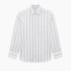 View 6 of product Introducing the Track Striped Grey on White Weekend Fit Shirt in Cotton by Turnbull & Asser UK—a men’s long-sleeve dress shirt crafted from crisp white cotton, featuring vertical grey stripes, a button-down front, derby collar, cuffs, and a chest pocket. The shirt is displayed laid flat on a white surface.
