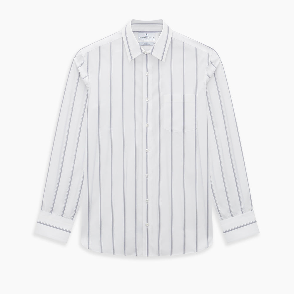Introducing the Track Striped Grey on White Weekend Fit Shirt in Cotton by Turnbull & Asser UK—a men’s long-sleeve dress shirt crafted from crisp white cotton, featuring vertical grey stripes, a button-down front, derby collar, cuffs, and a chest pocket. The shirt is displayed laid flat on a white surface.