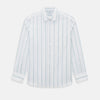 View 1 of product The Turnbull & Asser UK SHIRTS WF DERBY COLLAR 1BC 1PKT WHITE/SAGE STRIPE shirt features thin vertical blue stripes, a pointed Derby collar, and a single front pocket on the left chest, displayed laid flat on a white background.