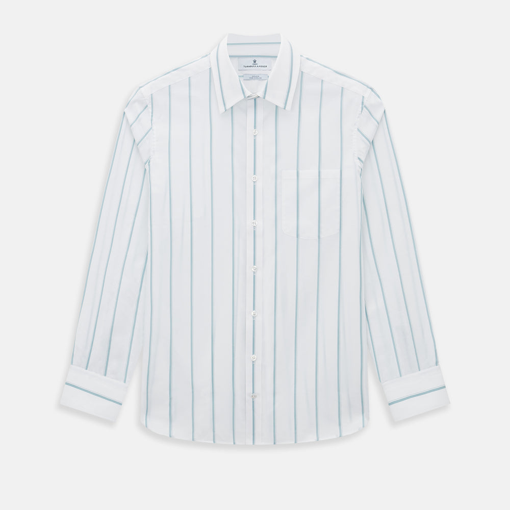 The Turnbull & Asser UK SHIRTS WF DERBY COLLAR 1BC 1PKT WHITE/SAGE STRIPE shirt features thin vertical blue stripes, a pointed Derby collar, and a single front pocket on the left chest, displayed laid flat on a white background.