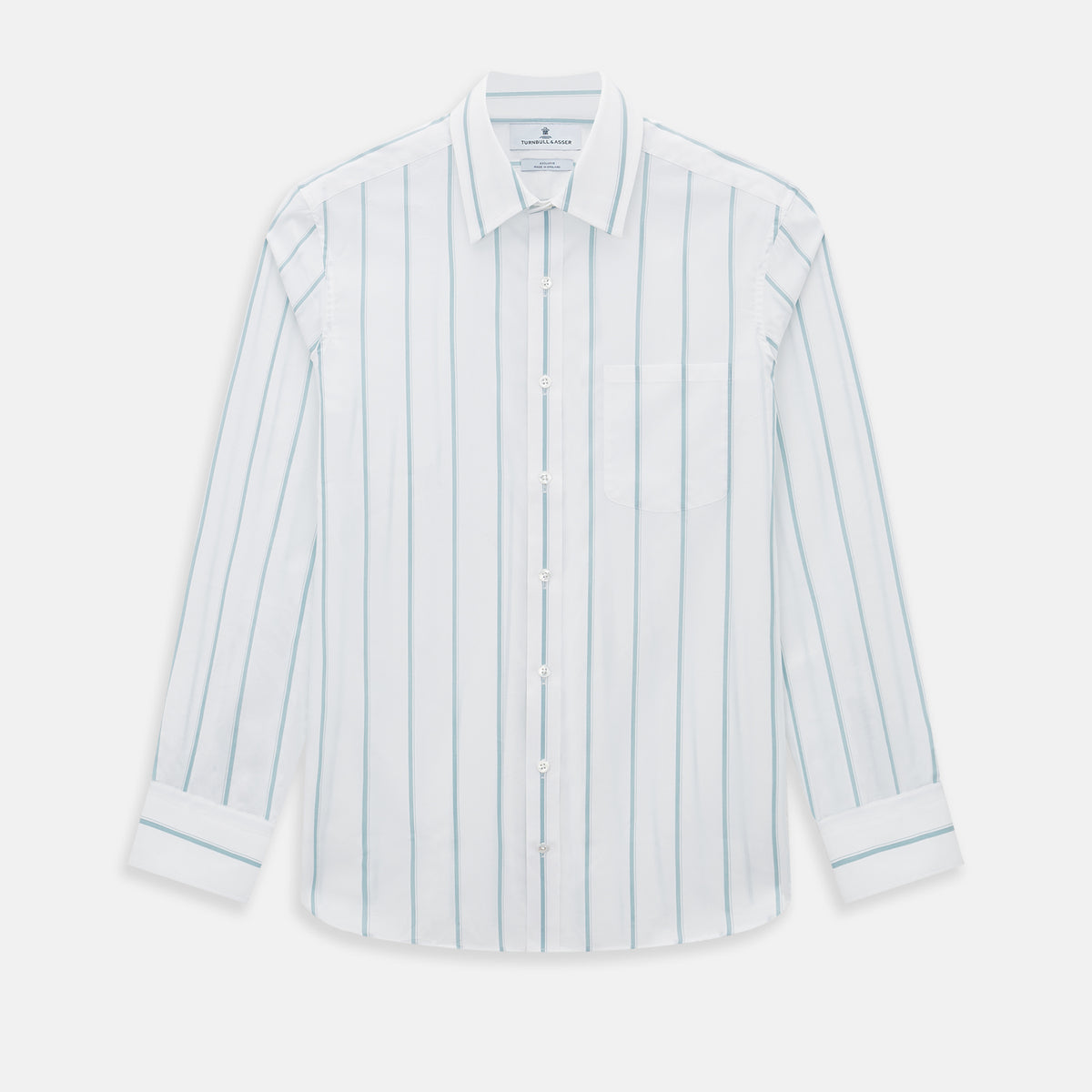View 1 of product The Turnbull & Asser UK SHIRTS WF DERBY COLLAR 1BC 1PKT WHITE/SAGE STRIPE shirt features thin vertical blue stripes, a pointed Derby collar, and a single front pocket on the left chest, displayed laid flat on a white background.