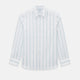 The Turnbull & Asser UK SHIRTS WF DERBY COLLAR 1BC 1PKT WHITE/SAGE STRIPE shirt features thin vertical blue stripes, a pointed Derby collar, and a single front pocket on the left chest, displayed laid flat on a white background.