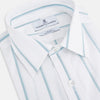 View 2 of product The Turnbull & Asser UK SHIRTS WF DERBY COLLAR 1BC 1PKT WHITE/SAGE STRIPE shirt features thin vertical blue stripes, a pointed Derby collar, and a single front pocket on the left chest, displayed laid flat on a white background.