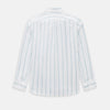 View 3 of product The Turnbull & Asser UK SHIRTS WF DERBY COLLAR 1BC 1PKT WHITE/SAGE STRIPE shirt features thin vertical blue stripes, a pointed Derby collar, and a single front pocket on the left chest, displayed laid flat on a white background.