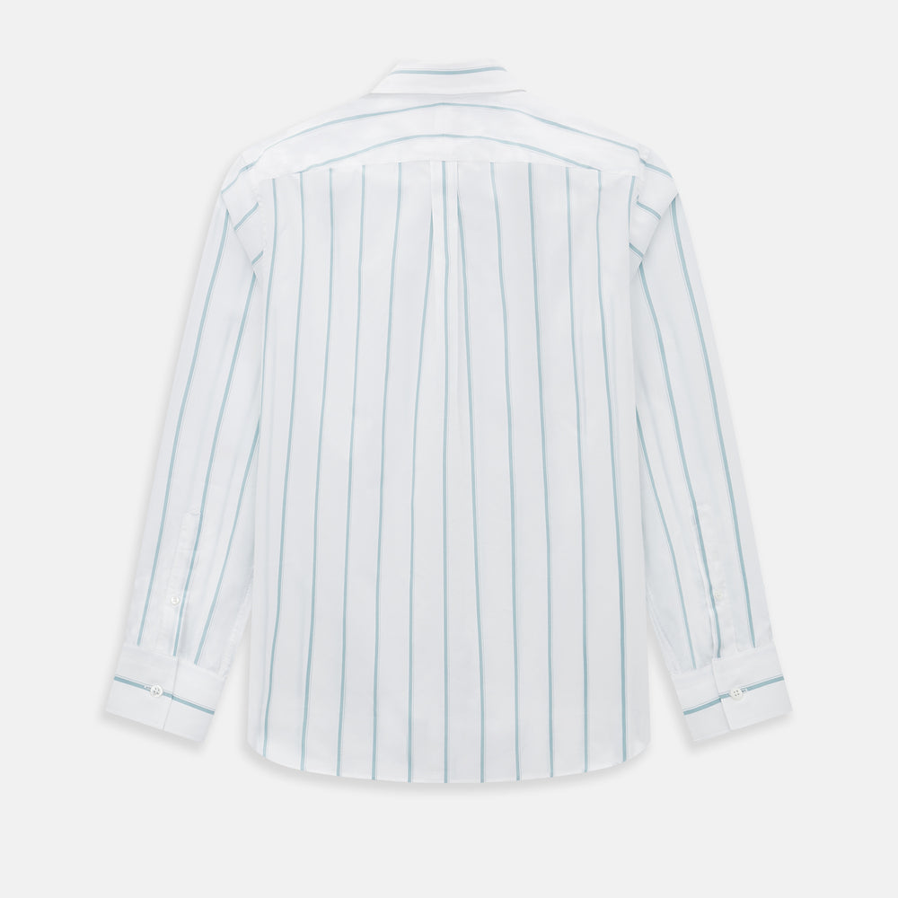 The Turnbull & Asser UK SHIRTS WF DERBY COLLAR 1BC 1PKT WHITE/SAGE STRIPE shirt features thin vertical blue stripes, a pointed Derby collar, and a single front pocket on the left chest, displayed laid flat on a white background.