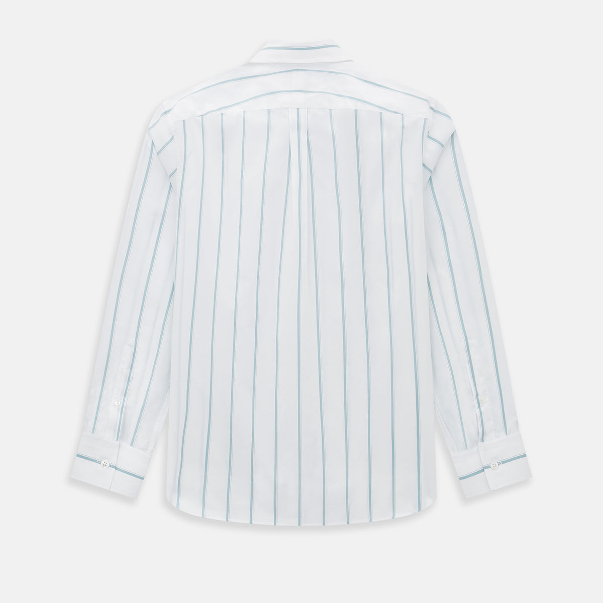 View 3 of product The Turnbull & Asser UK SHIRTS WF DERBY COLLAR 1BC 1PKT WHITE/SAGE STRIPE shirt features thin vertical blue stripes, a pointed Derby collar, and a single front pocket on the left chest, displayed laid flat on a white background.