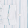 View 4 of product The Turnbull & Asser UK SHIRTS WF DERBY COLLAR 1BC 1PKT WHITE/SAGE STRIPE shirt features thin vertical blue stripes, a pointed Derby collar, and a single front pocket on the left chest, displayed laid flat on a white background.