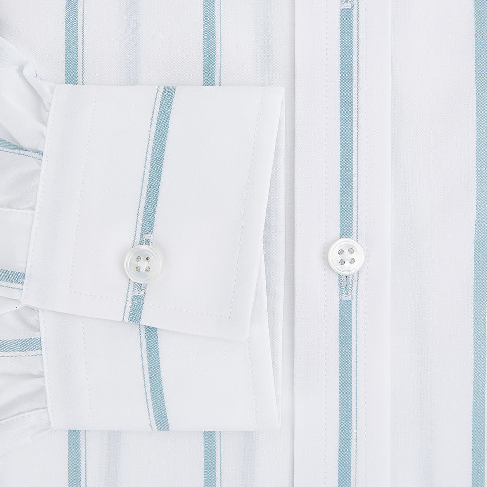 The Turnbull & Asser UK SHIRTS WF DERBY COLLAR 1BC 1PKT WHITE/SAGE STRIPE shirt features thin vertical blue stripes, a pointed Derby collar, and a single front pocket on the left chest, displayed laid flat on a white background.