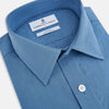 View 2 of product Turnbull & Asser UK Fine Checked Colony Blue Weekend Fit Shirt in Cotton, a navy check long-sleeved button-down with a Derby collar, a small checkered pattern, and a single chest pocket.