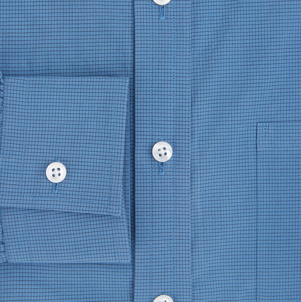 Turnbull & Asser UK Fine Checked Colony Blue Weekend Fit Shirt in Cotton, a navy check long-sleeved button-down with a Derby collar, a small checkered pattern, and a single chest pocket.