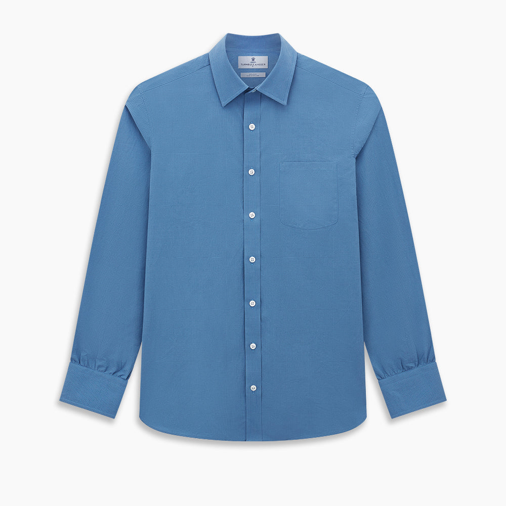Turnbull & Asser UK Fine Checked Colony Blue Weekend Fit Shirt in Cotton, a navy check long-sleeved button-down with a Derby collar, a small checkered pattern, and a single chest pocket.