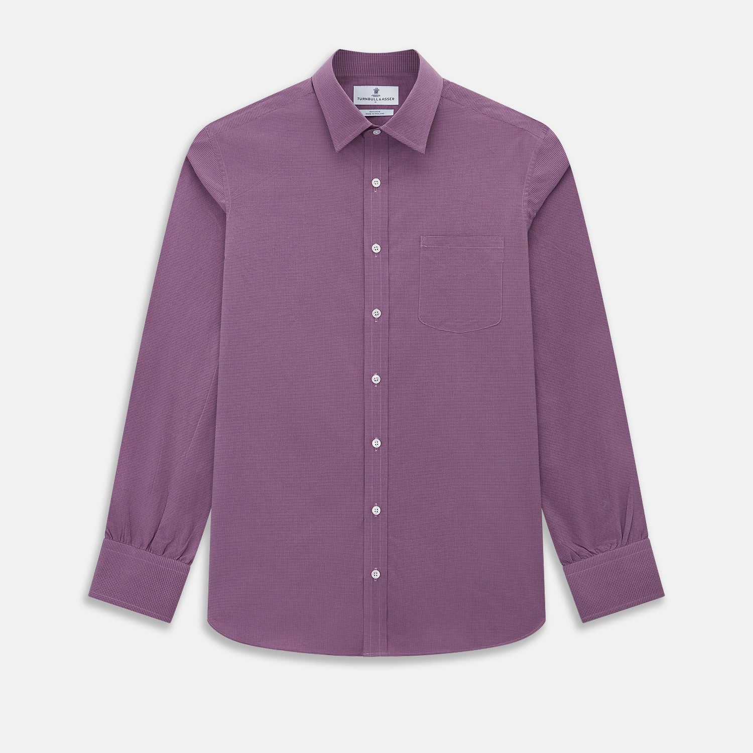 View 1 of product A long-sleeve, button-up pure cotton shirt—the Striped Navy on Antique Pink Weekend Fit Shirt by Turnbull & Asser UK—features subtle navy stripes on antique pink, a front chest pocket, white buttons, and a classic collar, displayed on a white background—a timeless nod to English shirtmaking.