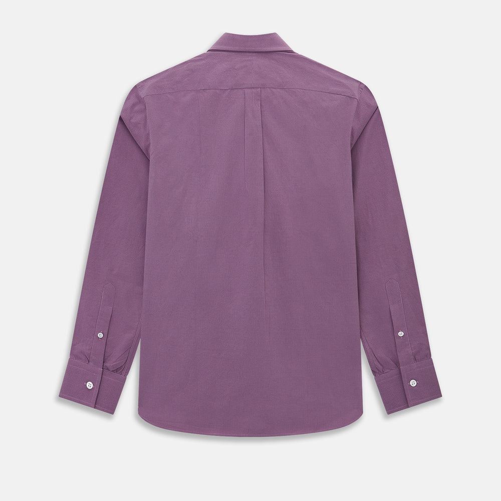 A long-sleeve, button-up pure cotton shirt—the Striped Navy on Antique Pink Weekend Fit Shirt by Turnbull & Asser UK—features subtle navy stripes on antique pink, a front chest pocket, white buttons, and a classic collar, displayed on a white background—a timeless nod to English shirtmaking.