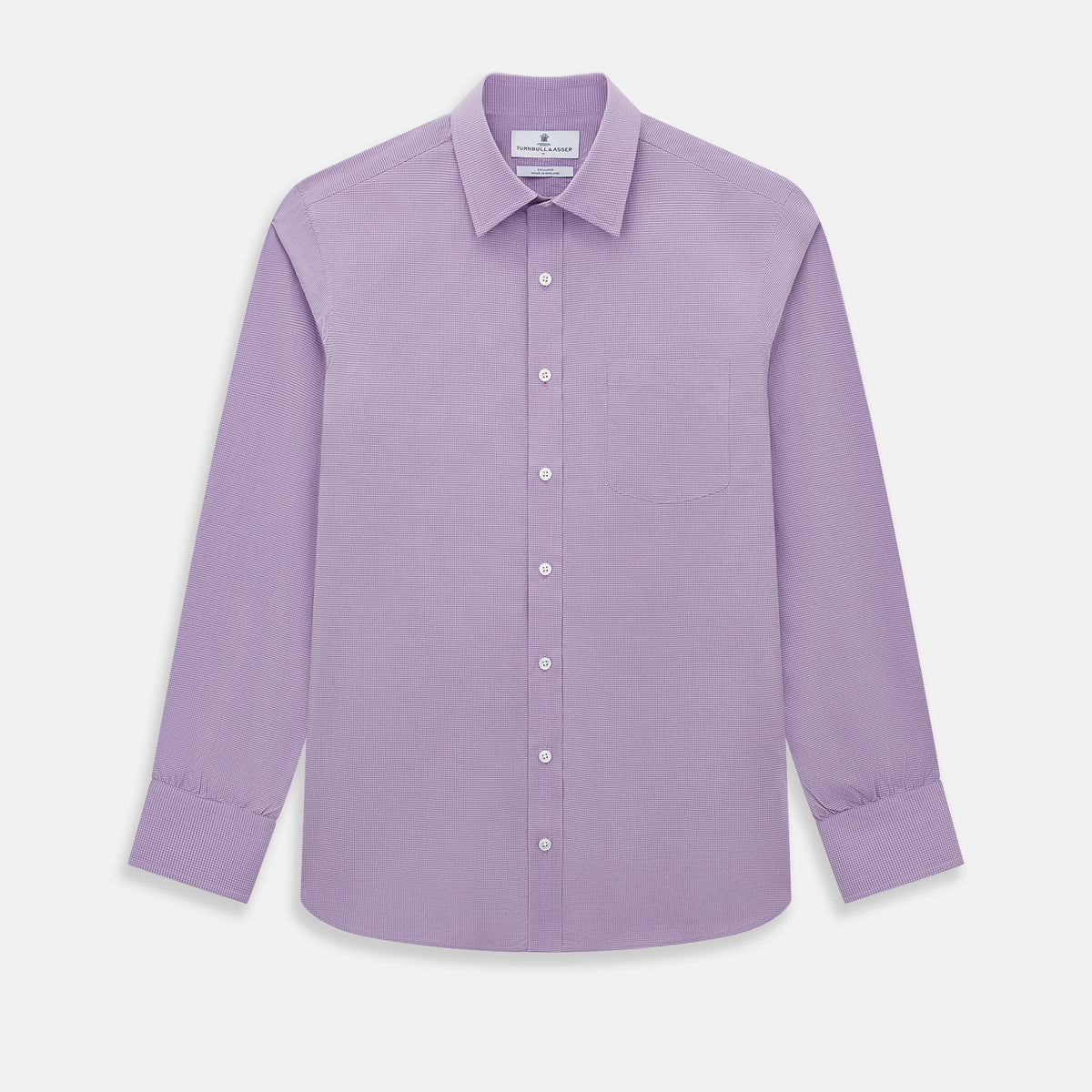 View 1 of product A long-sleeved, button-up Fine Checked Baby Pink Weekend Fit Shirt in Cotton by Turnbull & Asser UK, featuring a single chest pocket and a classic collar design, laid flat on a white background.