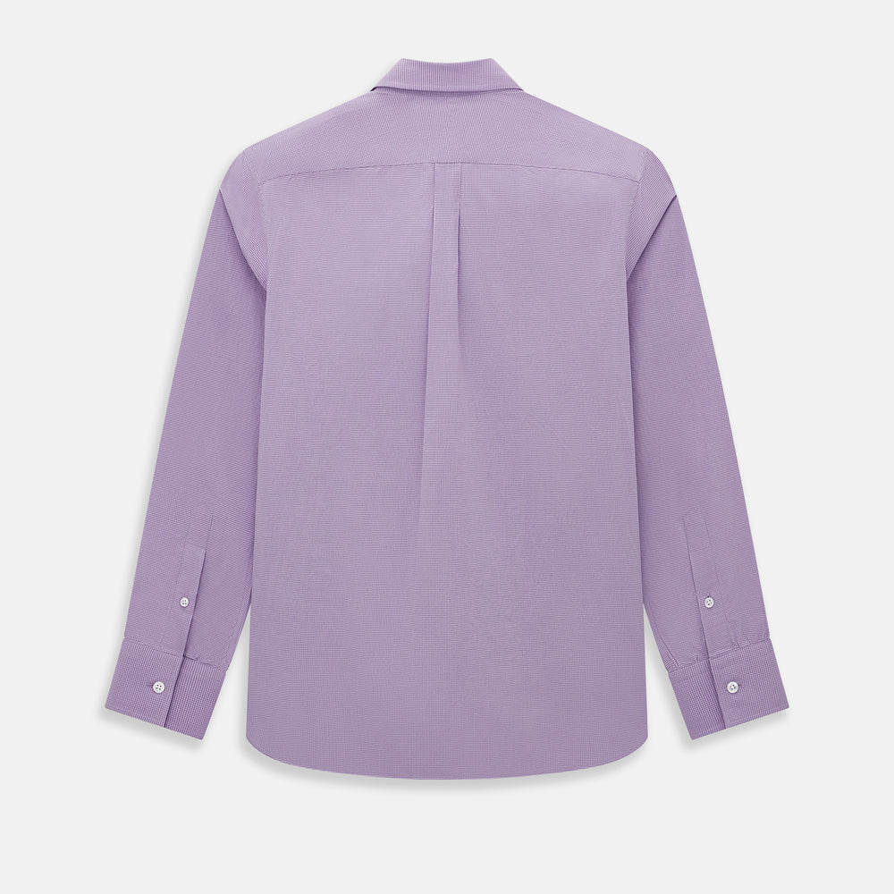A long-sleeved, button-up Fine Checked Baby Pink Weekend Fit Shirt in Cotton by Turnbull & Asser UK, featuring a single chest pocket and a classic collar design, laid flat on a white background.
