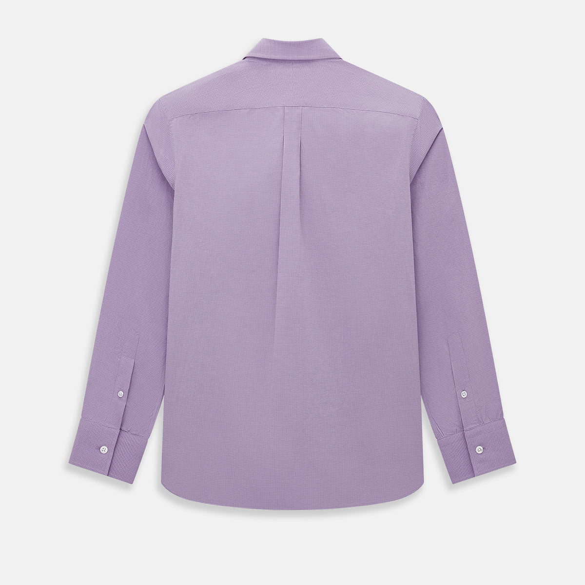 View 3 of product A long-sleeved, button-up Fine Checked Baby Pink Weekend Fit Shirt in Cotton by Turnbull & Asser UK, featuring a single chest pocket and a classic collar design, laid flat on a white background.