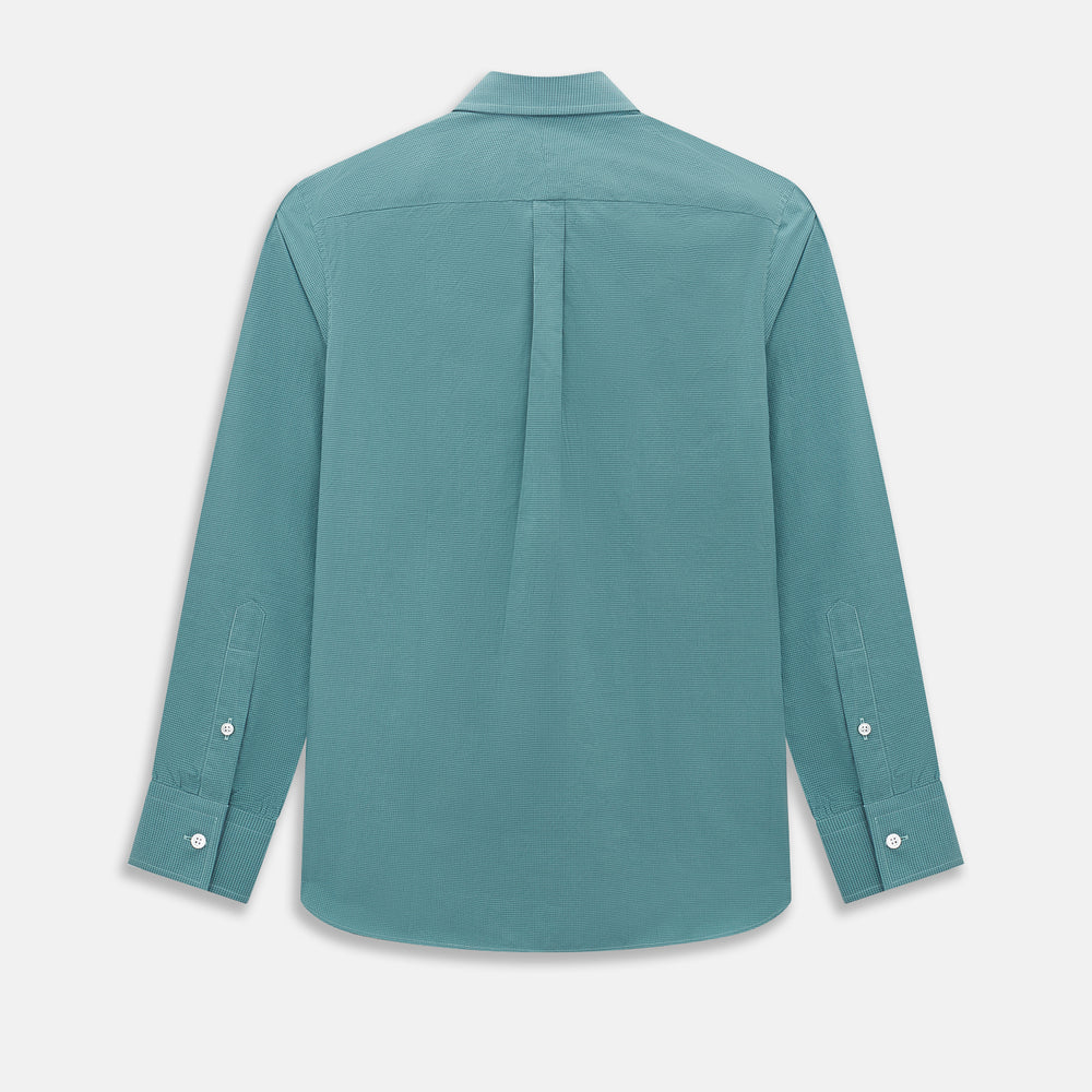 A Fine Checked Sage Green Weekend Fit Shirt in Cotton by Turnbull & Asser UK, featuring long sleeves, a button-up front, chest pocket, buttoned cuffs, and a classic collar—displayed on a white background—offers a modern twist reminiscent of the timeless appeal of classic checked shirts.